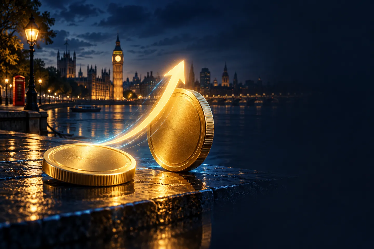 Two glowing gold coins with a luminous arrow between them on a deep navy background with British skyline accents