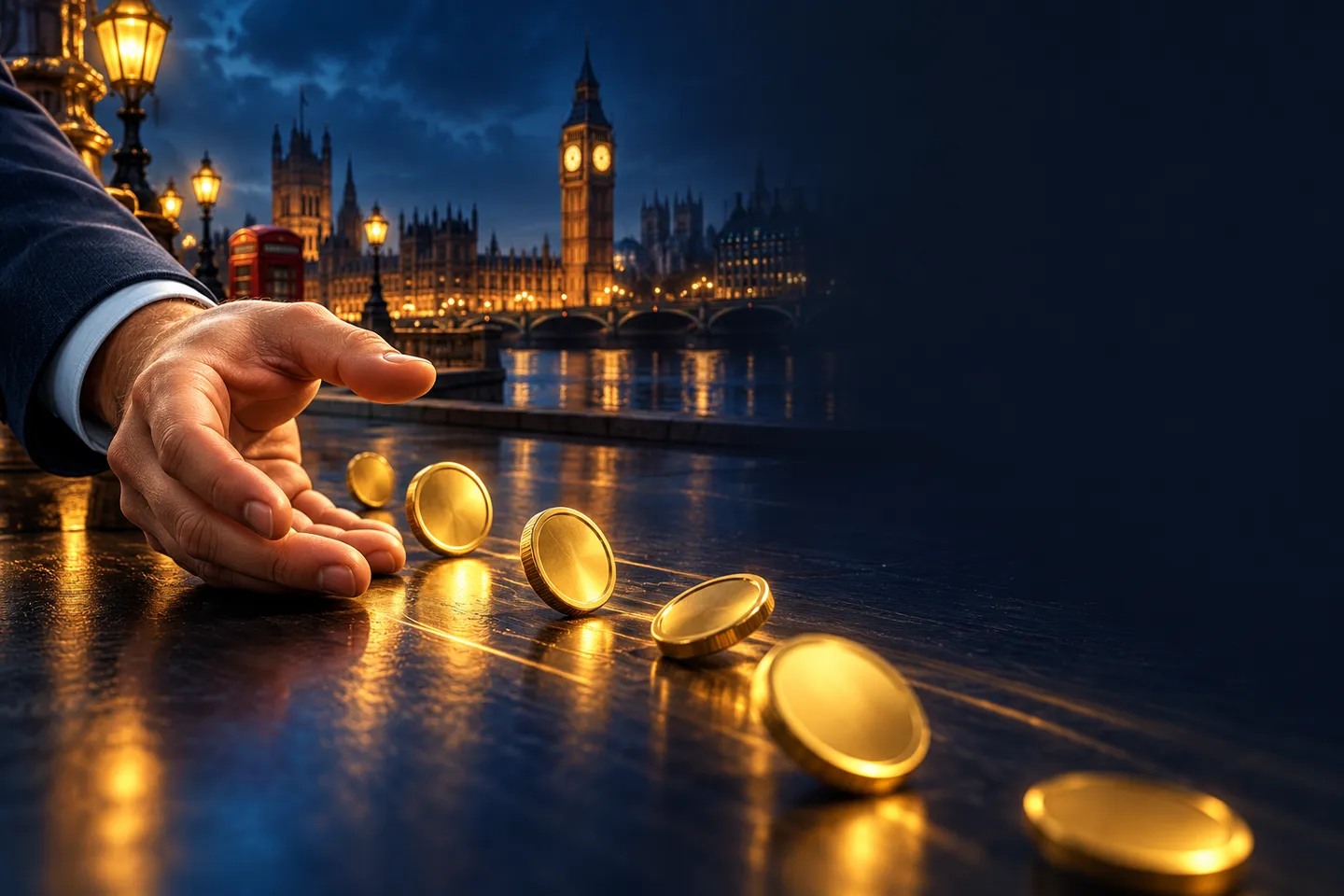 Gold coins rolling back toward an outstretched hand against a deep navy background with London skyline silhouette, cashback c