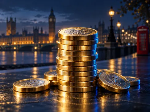 Stack of gleaming gold coins dramatically lit against a deep navy background with subtle London skyline silhouette and electr
