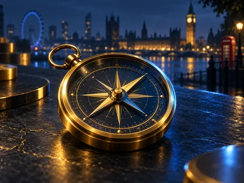 A gleaming gold compass resting on a dark navy table with cinematic lighting and subtle British-themed background accents