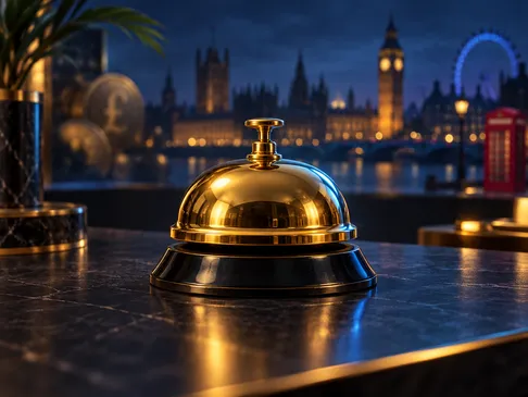 Gleaming gold concierge bell centred on a dark desk, cinematic navy and charcoal background with electric-blue rim light and 