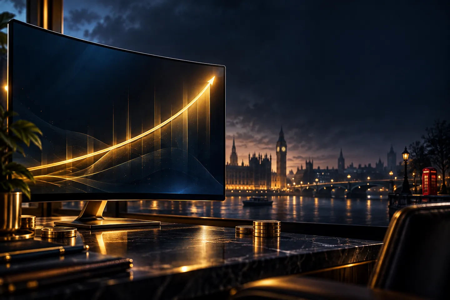 Abstract rising gold curve on a dark navy screen with electric-blue rim light, cinematic UK online casino editorial hero bann