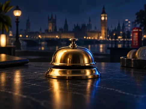 A gleaming gold desk bell centred on a deep navy background with subtle London skyline silhouette and electric-blue rim light