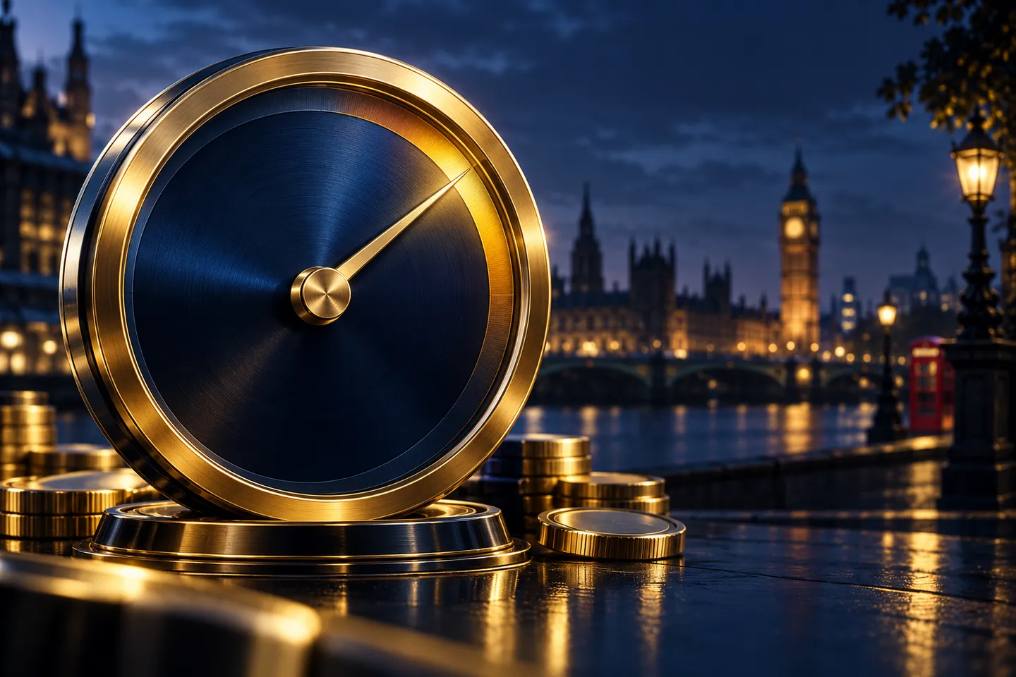 Gold dial gauge with moving needle on deep navy background, cinematic lighting with electric-blue rim light and subtle London