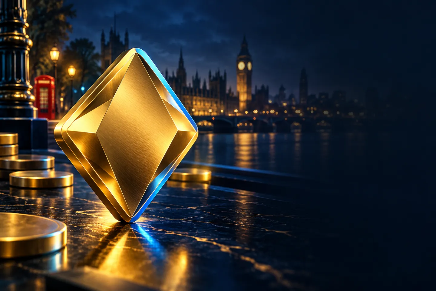 A gleaming gold diamond-shaped coin bathed in electric-blue rim light against a deep navy background with subtle London skyli