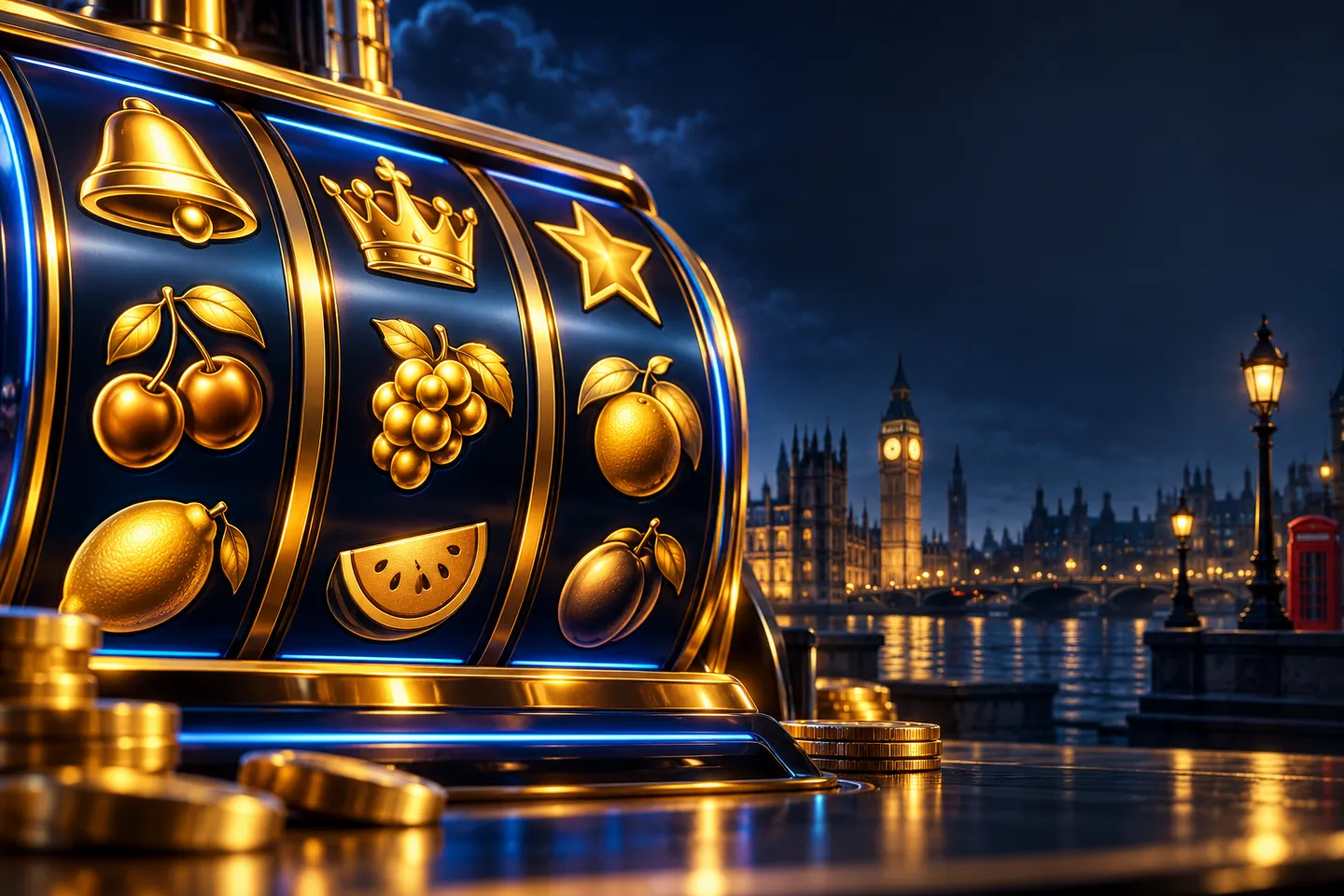 Abstract slot machine reels with glowing gold fruit symbols against a deep navy background with cinematic blue rim lighting