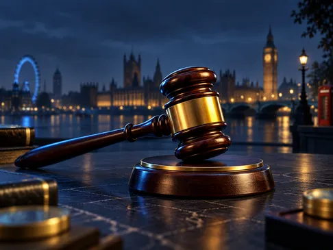A golden gavel centred against a deep navy background with electric-blue rim light and subtle London skyline silhouette accen