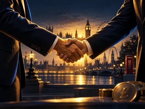 Golden handshake silhouette against deep navy background with subtle London skyline accents, evoking trust and partnership in