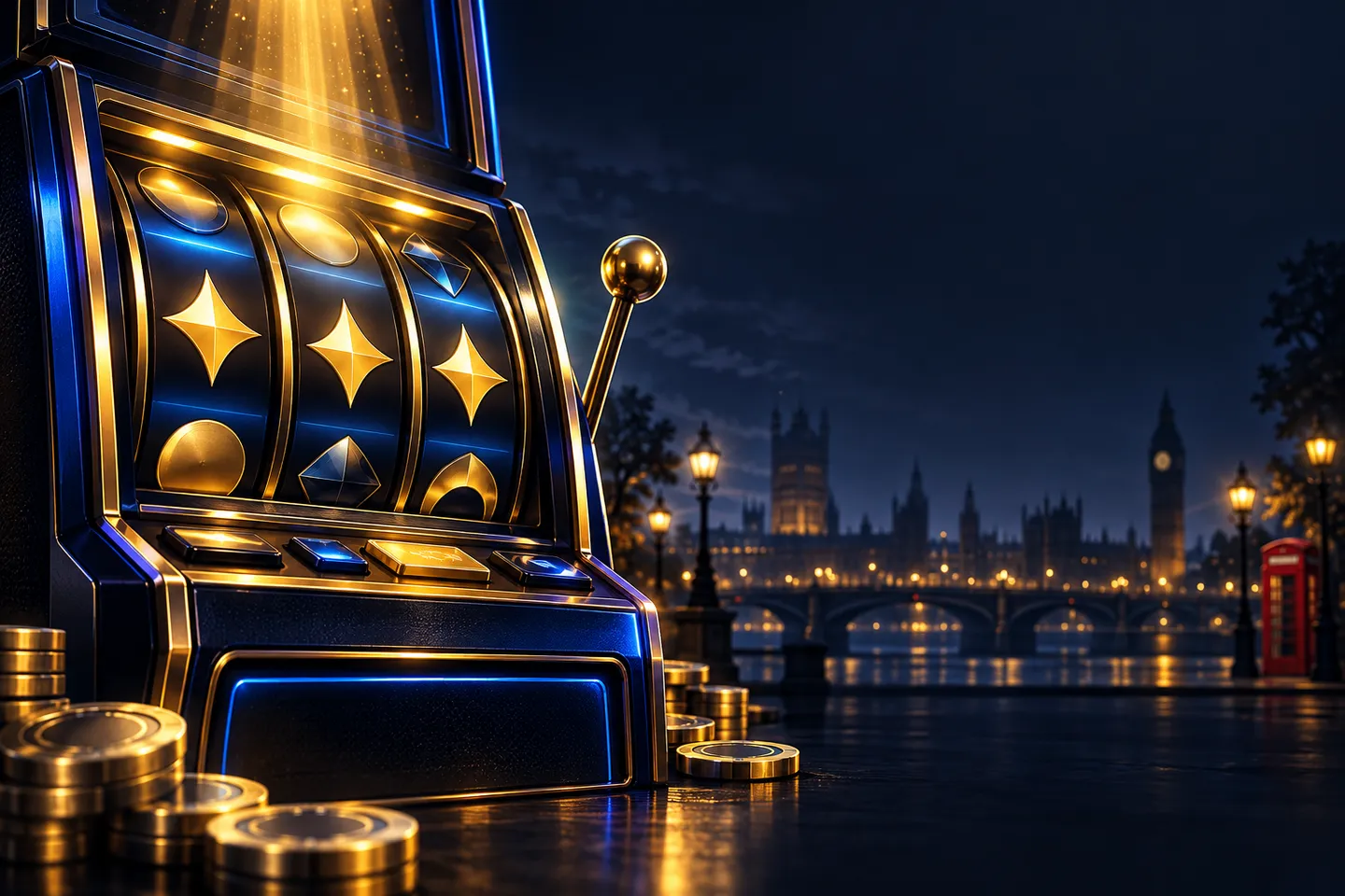A cinematic gold light beam illuminates glowing slot reels against a deep navy background with subtle London skyline accents