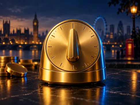 A gleaming gold kitchen timer bathed in cinematic warm light against a deep navy background with subtle British skyline accen