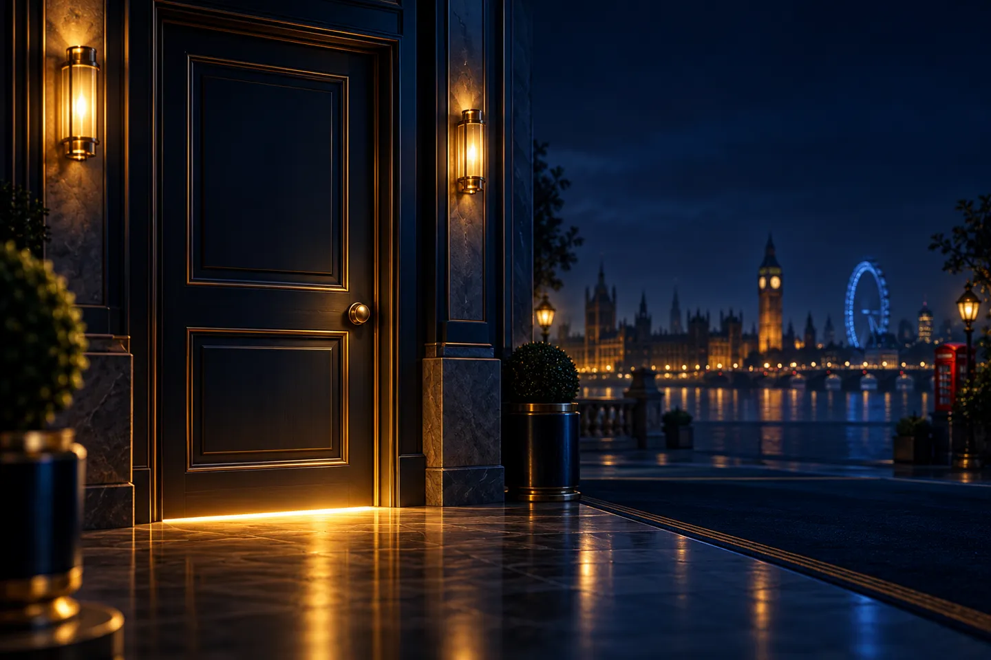 A closed door in a deep navy corridor with warm gold light glowing softly beneath it, evoking mystery and anticipation