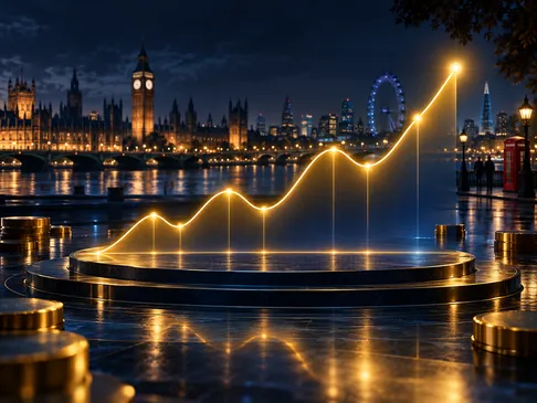 A glowing gold line chart rises against a deep navy background with subtle London skyline silhouette and electric-blue rim li