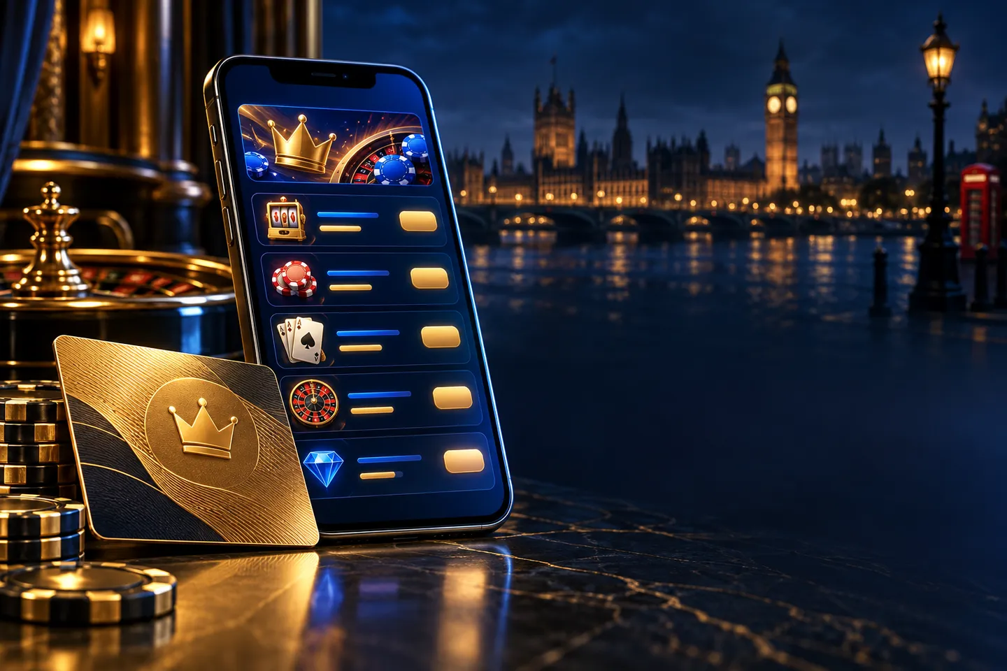 Gold membership card beside a smartphone displaying an abstract offers list, set against a deep navy background with British 
