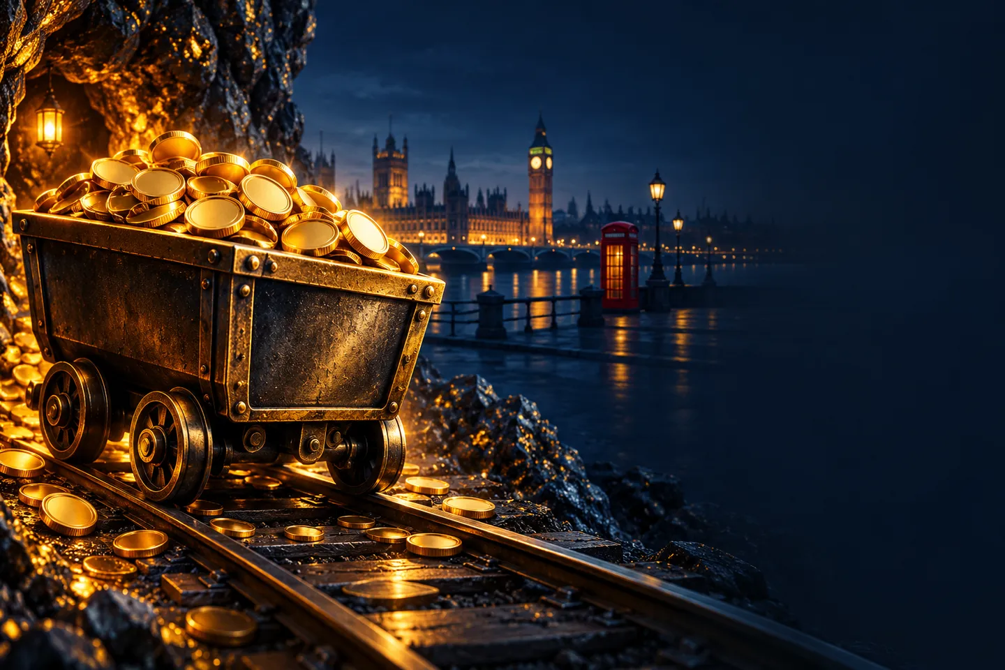 A glowing gold mining cart overflowing with gleaming coins against a deep navy background with electric-blue rim lighting and