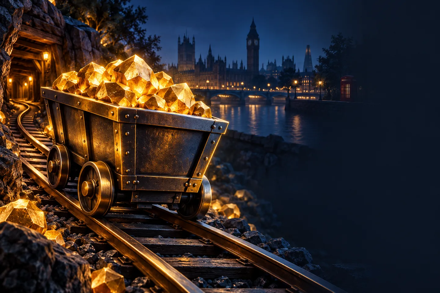 A gleaming gold mining cart on rails filled with glowing golden nuggets against a deep navy background with cinematic blue ri