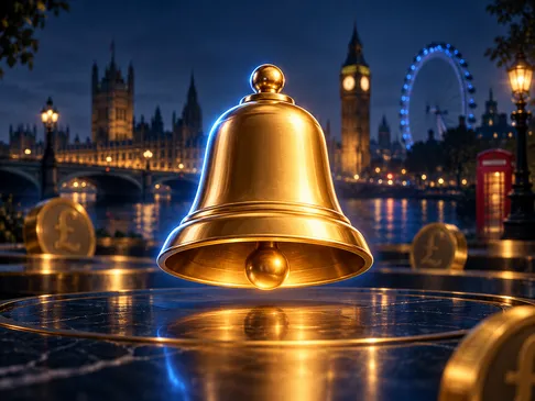 A glowing gold notification bell centred against a deep navy background with electric-blue rim light and subtle London skylin