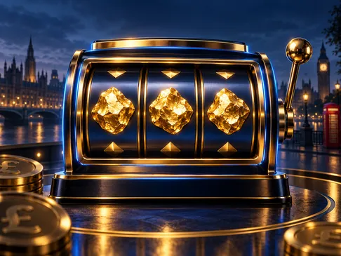 A cinematic semi-realistic slot reel featuring gleaming gold nuggets against a deep navy background with electric-blue rim li