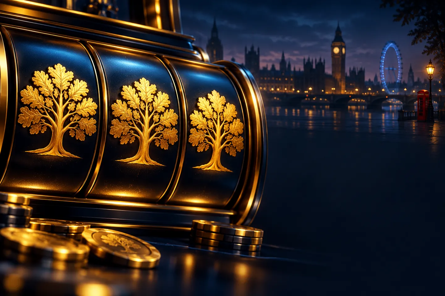 Three stylised gold oak trees on a deep navy slot reel with cinematic lighting and subtle British skyline silhouette accents