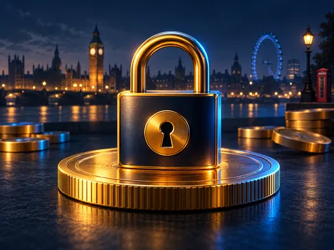 A gleaming gold padlock resting atop a coin on a deep navy background with electric-blue rim light and subtle London skyline 