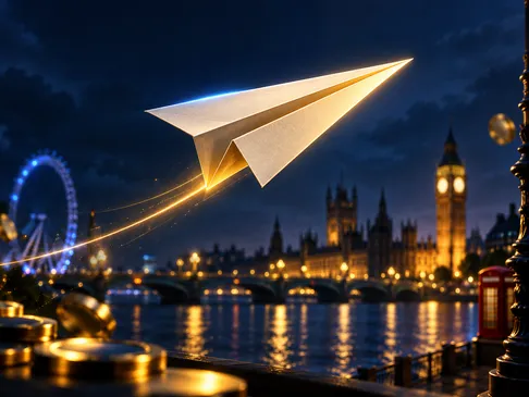 A gold-lit paper plane soaring against a deep navy background with subtle British skyline accents and electric-blue rim light