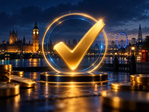 A glowing gold checkmark symbolising a successful payment, set against a deep navy background with subtle British cityscape a