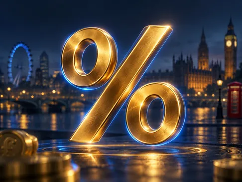 A glowing gold percentage sign centred against a deep navy background with subtle London skyline silhouette and electric-blue