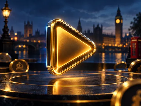 A glowing gold play button centred against a deep navy background with electric-blue rim light and subtle London skyline silh