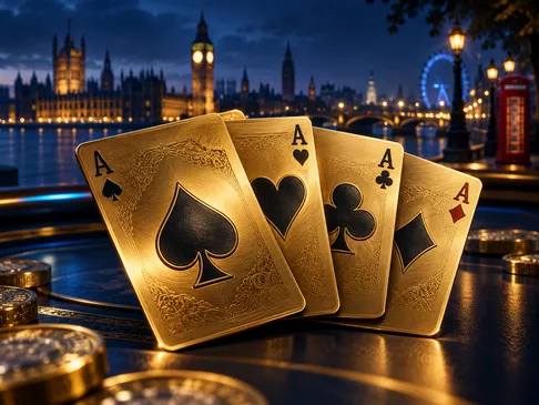 Close-up of gleaming gold playing cards fanned out against a deep navy background with electric-blue rim lighting and subtle 