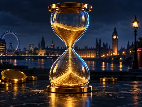 Cinematic hourglass with flowing gold sand against a deep navy background with electric-blue rim light and subtle London skyl