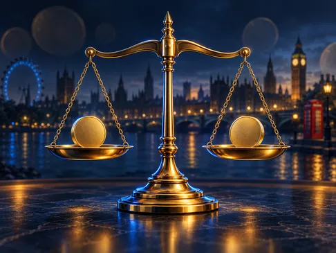 A balanced scale holding two gold coins, set against a deep navy background with subtle London skyline silhouette and electri