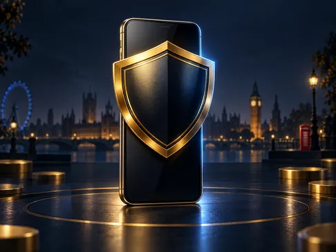 A gleaming gold shield overlaying a smartphone, set against a deep navy background with subtle London skyline silhouette and 