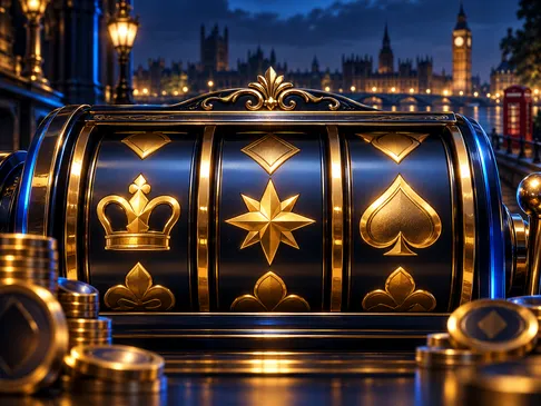 A premium editorial illustration of a gold-symbol slot reel on deep navy background with electric-blue rim light and subtle B