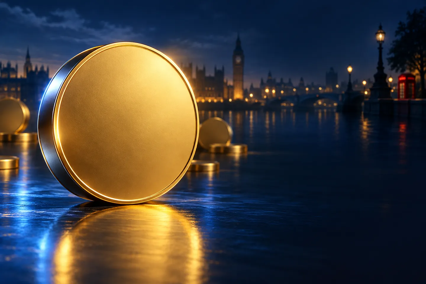 Abstract gold stablecoin resting on a calm blue surface, deep navy background with subtle London skyline silhouette and gold 