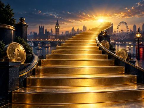 A cinematic golden staircase rising against a deep navy background with electric-blue rim lighting and subtle London skyline 
