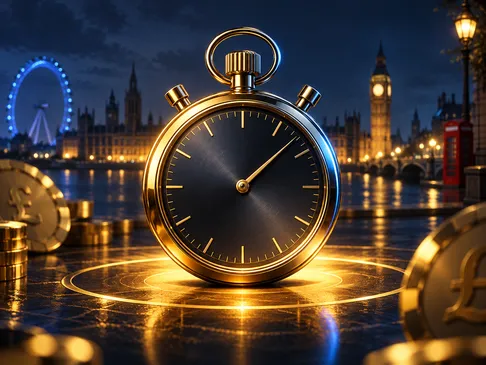 A gleaming gold stopwatch bathed in warm light against a deep navy background with subtle London skyline silhouette accents
