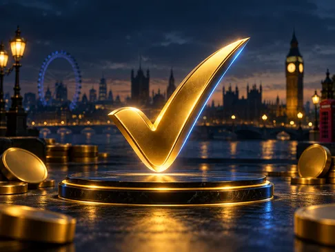 A glowing gold tick mark centred on a deep navy background with electric-blue rim light and subtle London skyline silhouette 