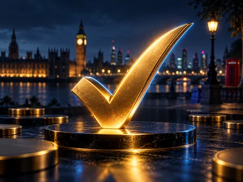 A glowing gold checkmark centred against a deep navy background with subtle London skyline silhouette and electric-blue rim l