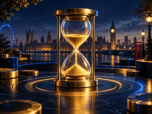 A glowing golden timer with cinematic soft lighting against deep navy background, subtle London skyline silhouette in the dis