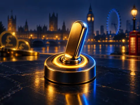 A gleaming gold toggle switch bathed in cinematic lighting against a deep navy background with subtle British cityscape silho
