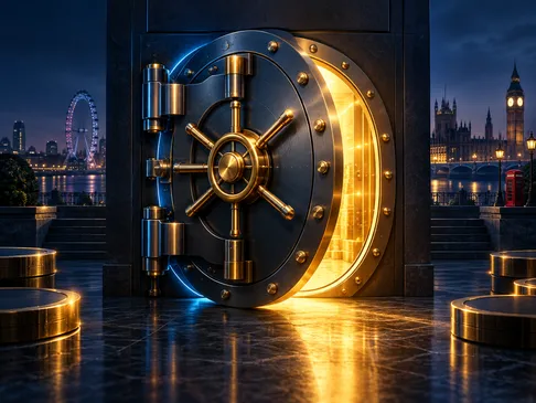 Cinematic vault door glowing with warm gold light on deep navy background, subtle London skyline silhouette, electric-blue ri