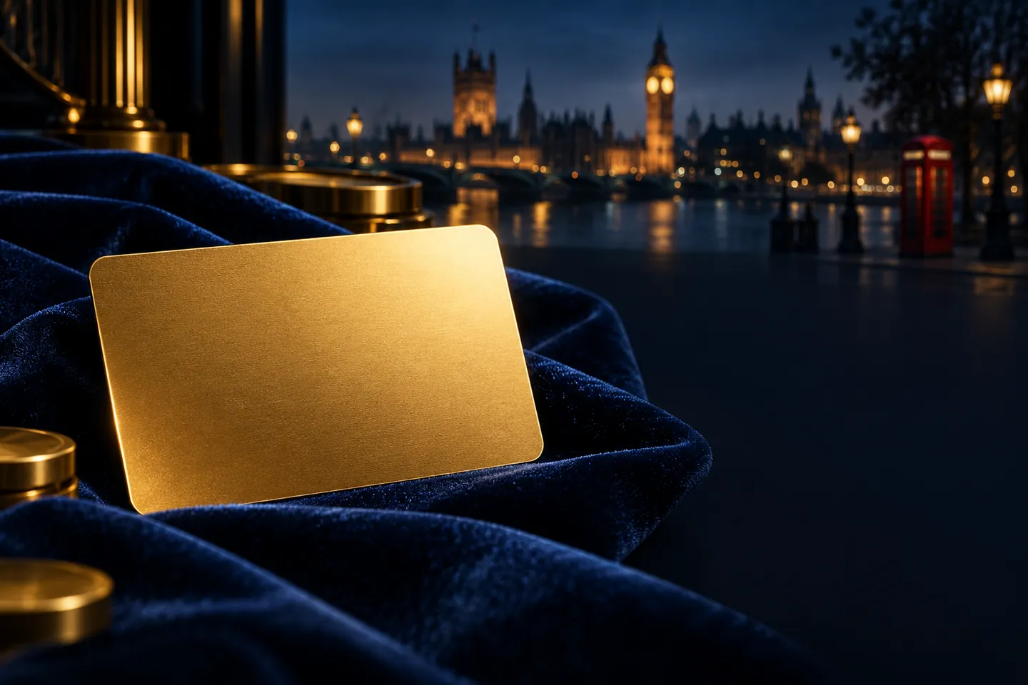 A gleaming gold VIP card resting on deep navy velvet with cinematic rim lighting and subtle London skyline silhouette in the 