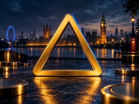 A bold gold warning triangle centred on a deep navy background with subtle British skyline accents and cinematic blue rim lig