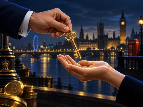 A gleaming gold key being handed over, set against a deep navy background with subtle London skyline and electric-blue rim li