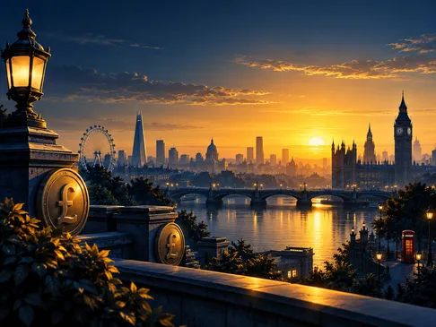 Cinematic sunrise over a quiet city skyline with deep navy background, rich gold light and cool blue rim accents on silhouett