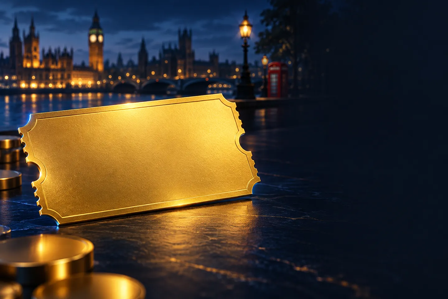 A gleaming golden ticket on a deep navy background with subtle London skyline silhouette and electric-blue rim lighting