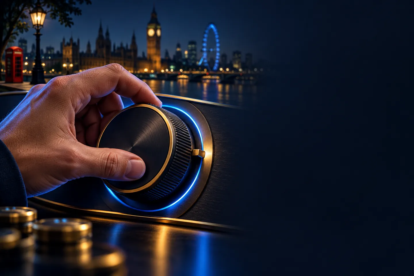 A calm hand adjusting a glowing dial to a set limit, bathed in cool electric-blue light against a deep navy background.