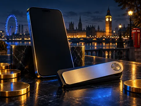 A hardware crypto wallet and smartphone on a deep navy background with gold highlights and subtle London skyline silhouette a