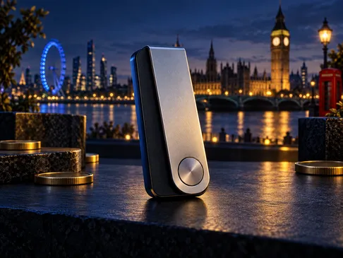 A hardware wallet rendered in cinematic navy and gold tones with electric-blue rim light against a dark background, subtle Lo