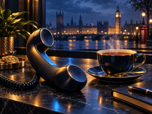 A classic telephone handset beside a steaming cup of tea on a deep navy background with gold highlights and subtle London sky