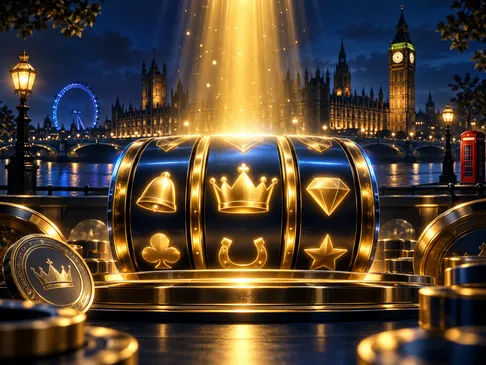 Golden jackpot light beam illuminating slot machine reels against a deep navy background with electric-blue rim lighting and 